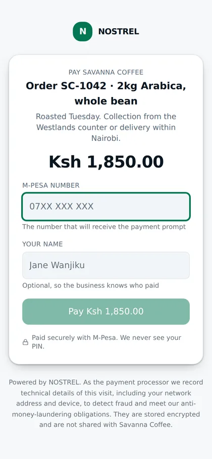 The NOSTREL hosted checkout on a phone, showing an order description, the amount in shillings, an M-Pesa number field and a pay button.