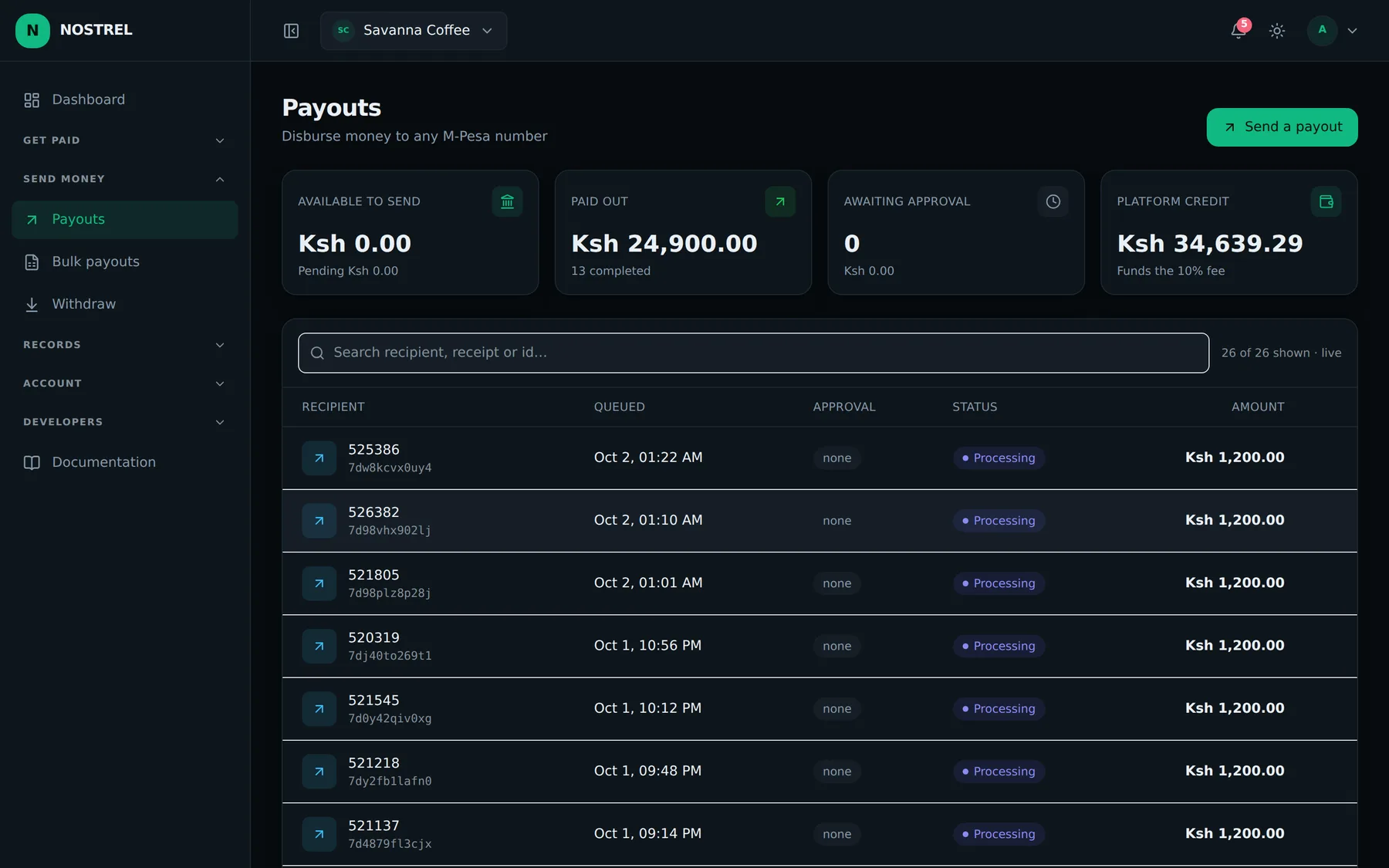 The NOSTREL payouts screen, listing recipients, queued time, approval state and amount, with balance cards above.
