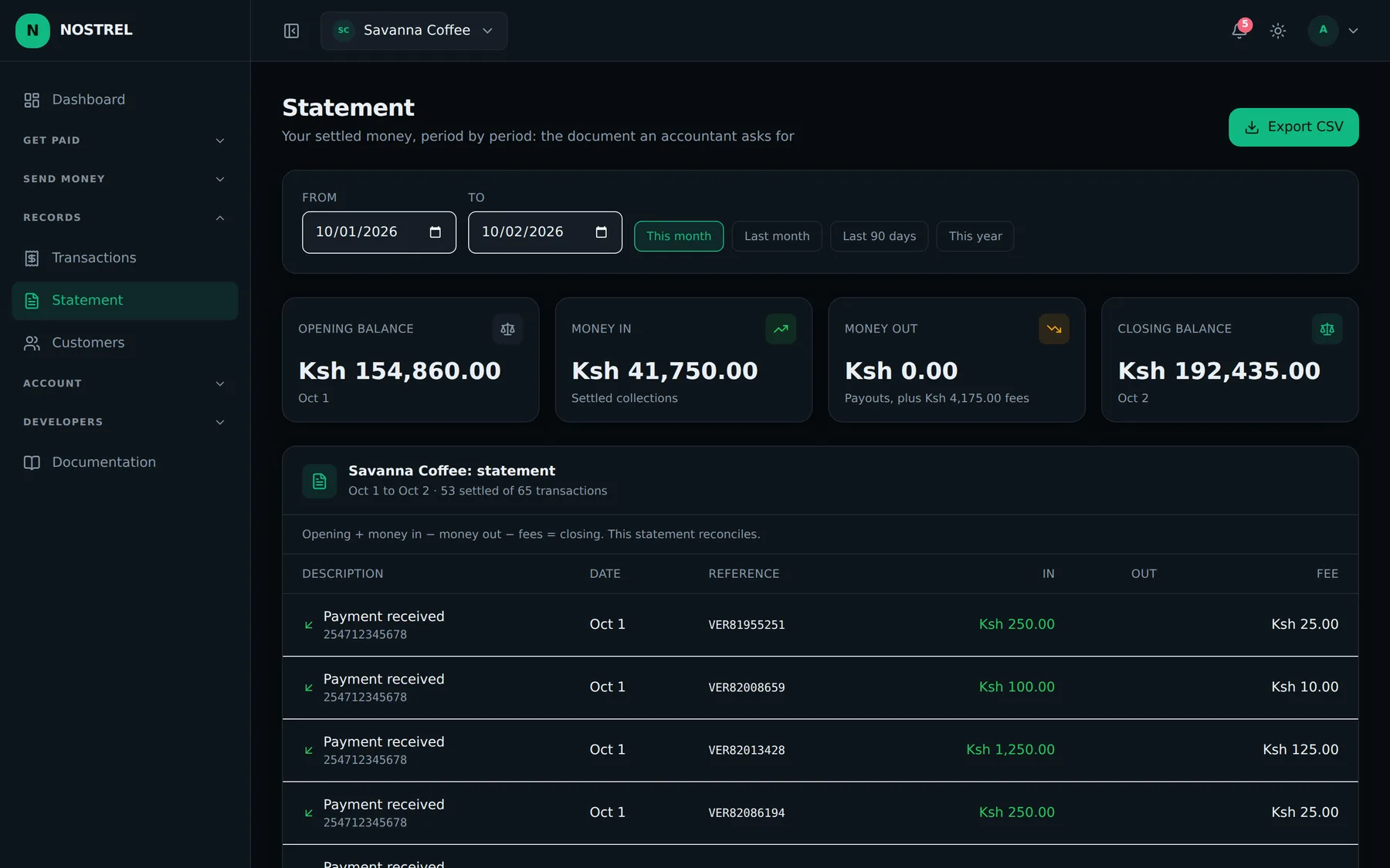 The statement screen showing opening balance, money in, money out and closing balance with a line-by-line ledger beneath.